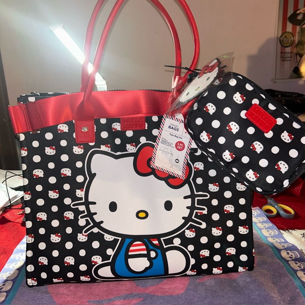 Hello Kitty Black polka dot large Tote Bag with crossbody & luggage tag